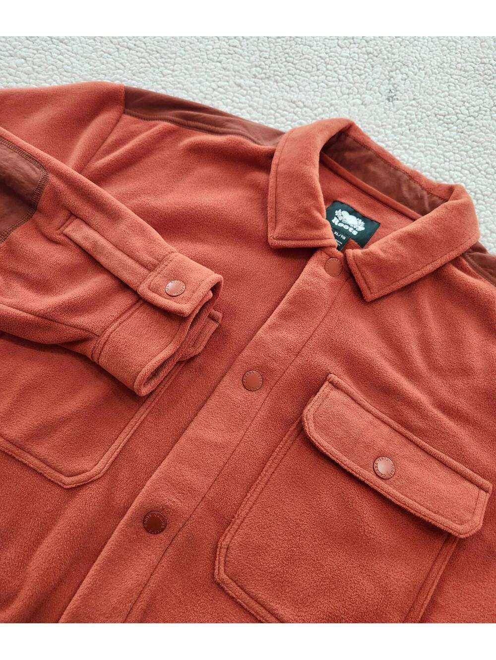 Roots Canada Fleece Jacket Mens XL Burnt orange L/S Flannel Cord Elbow Patches